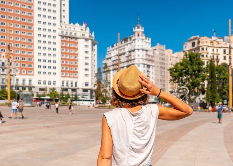 Young woman tourist in Plaza España in the center of the capital of Madrid