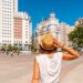 Young woman tourist in Plaza España in the center of the capital of Madrid